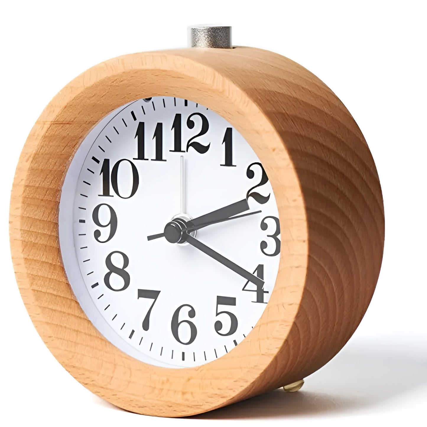 Solid beech wood analog alarm clock with silent snooze on a wooden bedside table