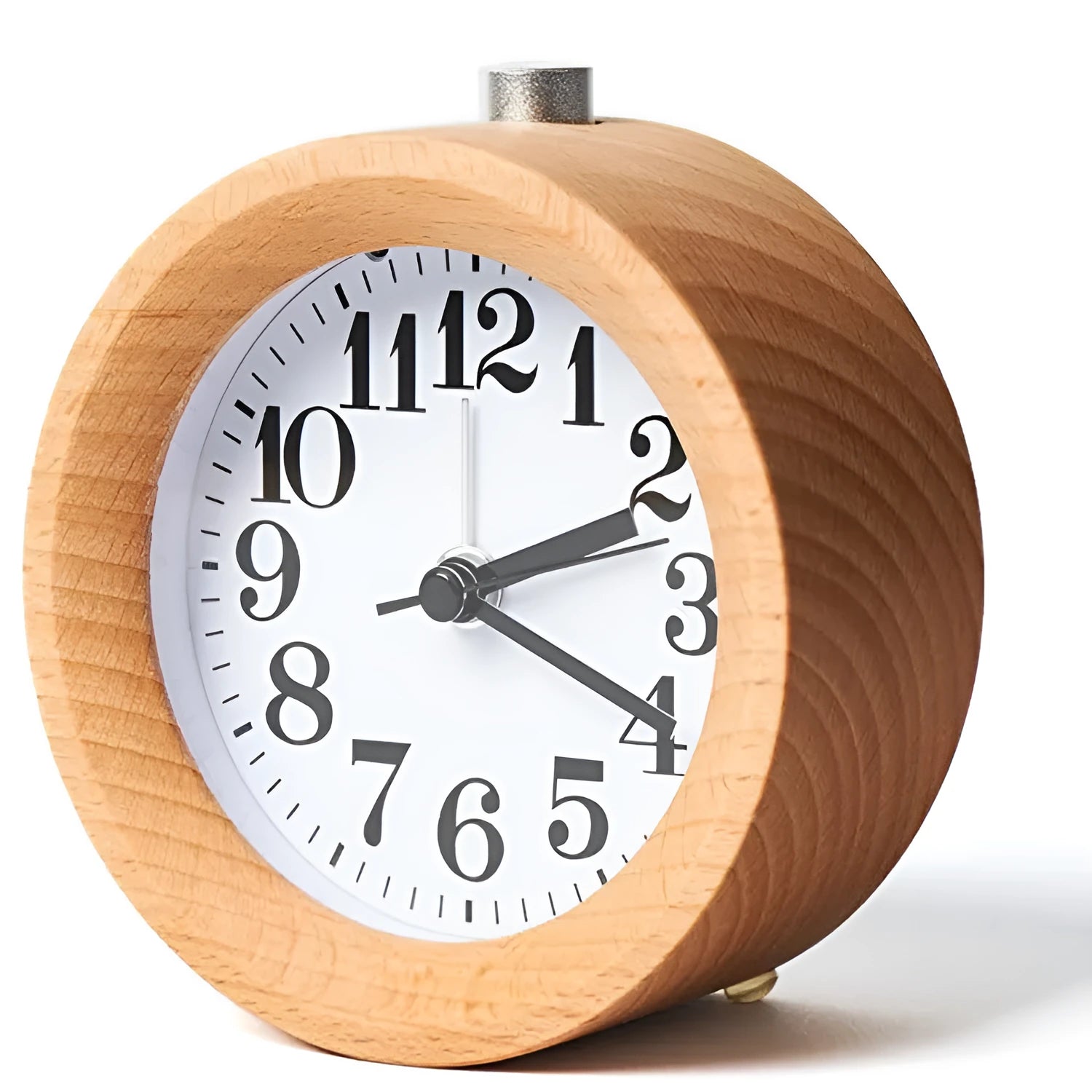 Solid beech wood analog alarm clock with silent snooze on a wooden bedside table