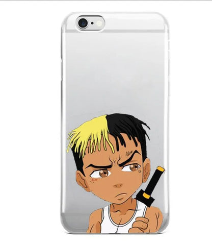 Clear half-wrapped iPhone case with XXTentacion pattern and matte finish.
