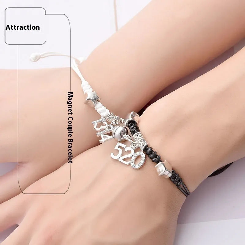 A pair of magnet couple bracelets with a suction clasp, showing various design options like clovers, crowns, and hearts.