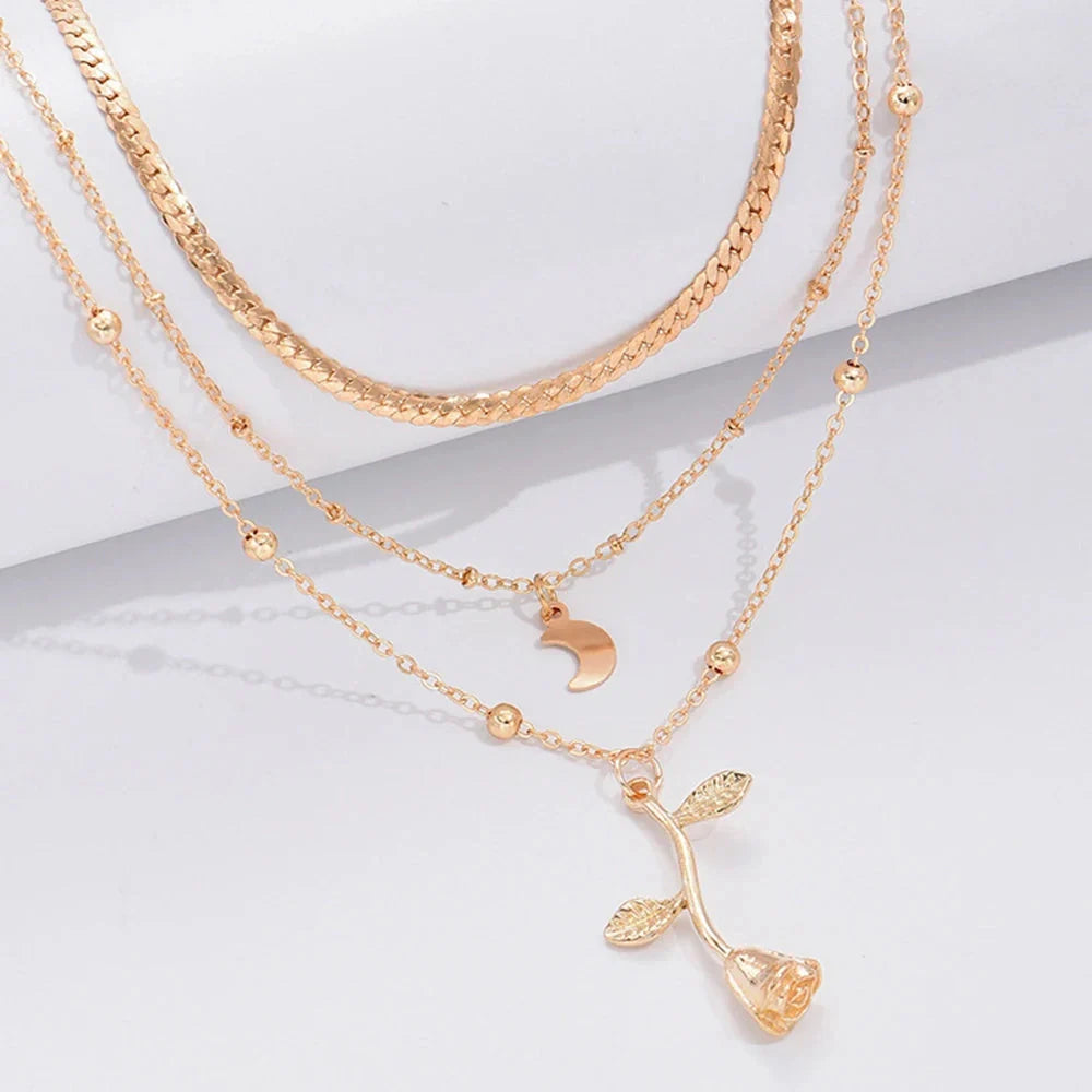 Bohemian multilayer gold pendant necklace with rose flower design on adjustable chain