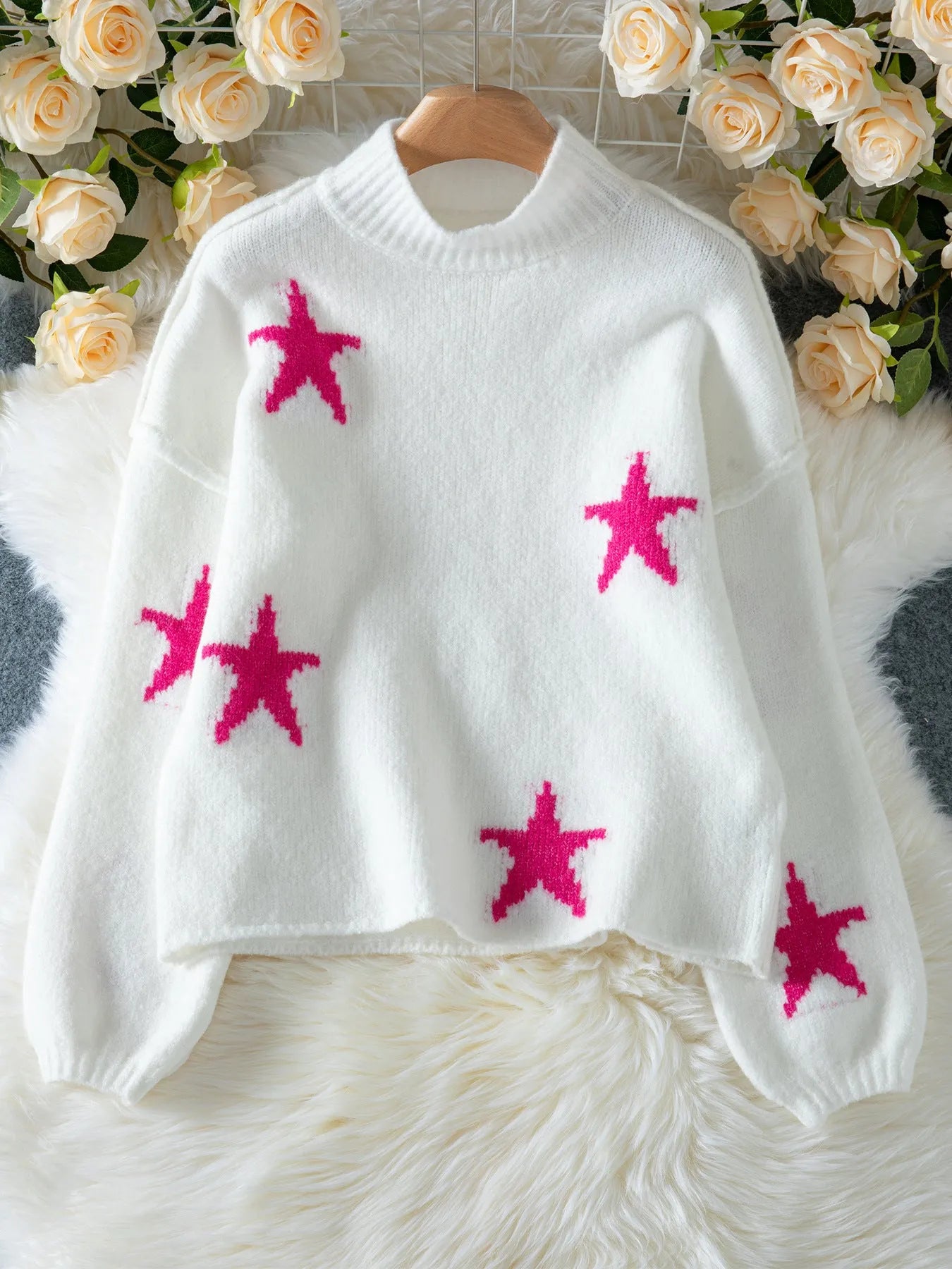 White women's loose turtleneck sweater with five-pointed star pattern and imitation velvet fabric