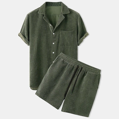 Corduroy short sleeve suit two-piece in yellow, green, and light blue
