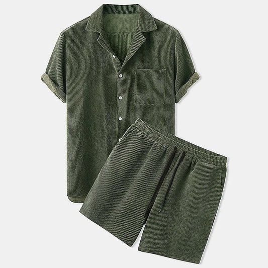 Corduroy short sleeve suit two-piece in yellow, green, and light blue