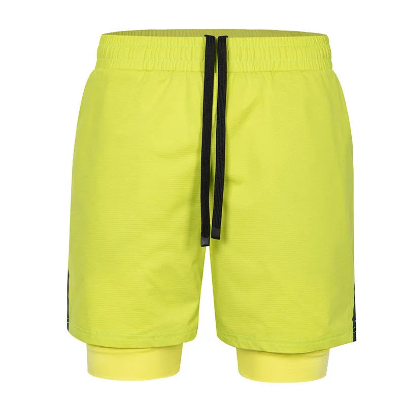 Men's small plaid quick-dry sports shorts in polyester, shown in multiple colours including army green and fluorescent yellow.