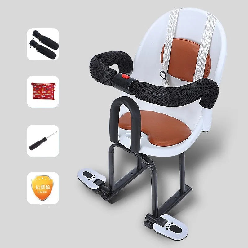 Front-mounted child seat for adult kick scooter in red, showing high-carbon steel frame and secure deck mounting points.