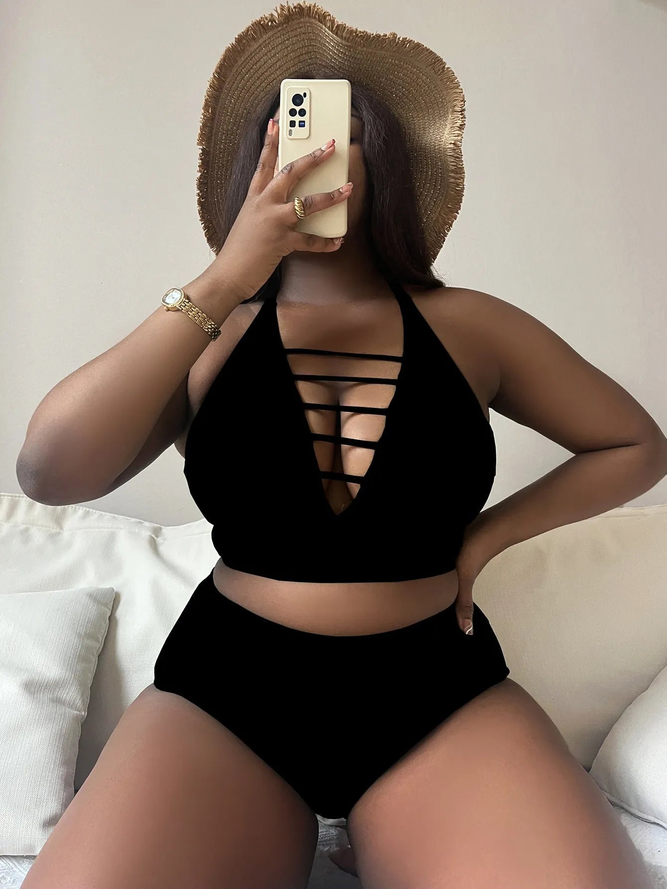 Plus size halter bikini set with adjustable straps and high-waist briefs in solid colour