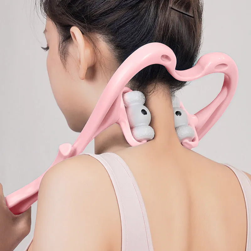 Blue handheld neck massager roller with 96 pressure nodes on a white background.