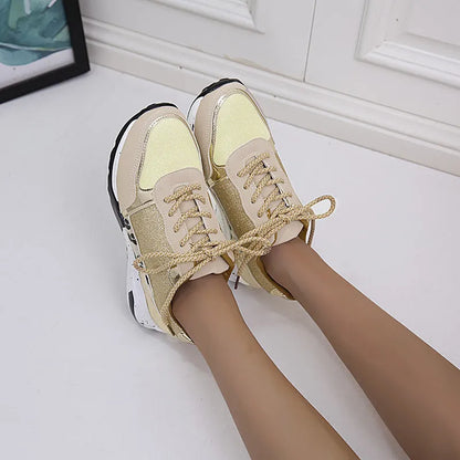 Women's lace-up wedge trainers in beige or grey with round toe, artificial PU upper and rubber sole, sizes 35-43