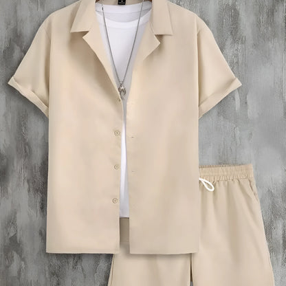 Men's short sleeve Cuban collar sport suit set with matching polyester shorts in multiple colour options