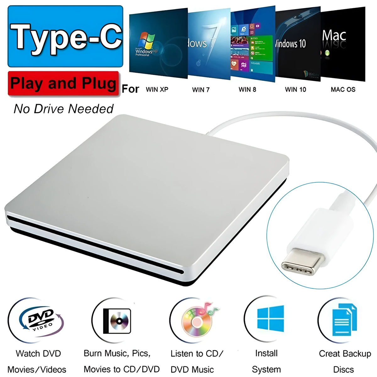 Ultra-thin silver Type-C external CD DVD burner with suction drive, 138 x 142 x 16 mm, for 12cm and 8cm discs