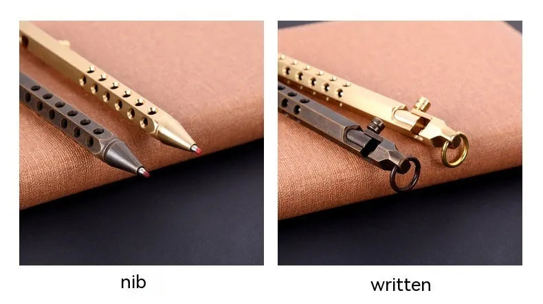 Brass hexagonal bolt pen with retro design showing 6-angle construction and 0.5mm writing tip