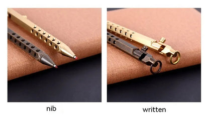 Brass hexagonal bolt pen with retro design showing 6-angle construction and 0.5mm writing tip