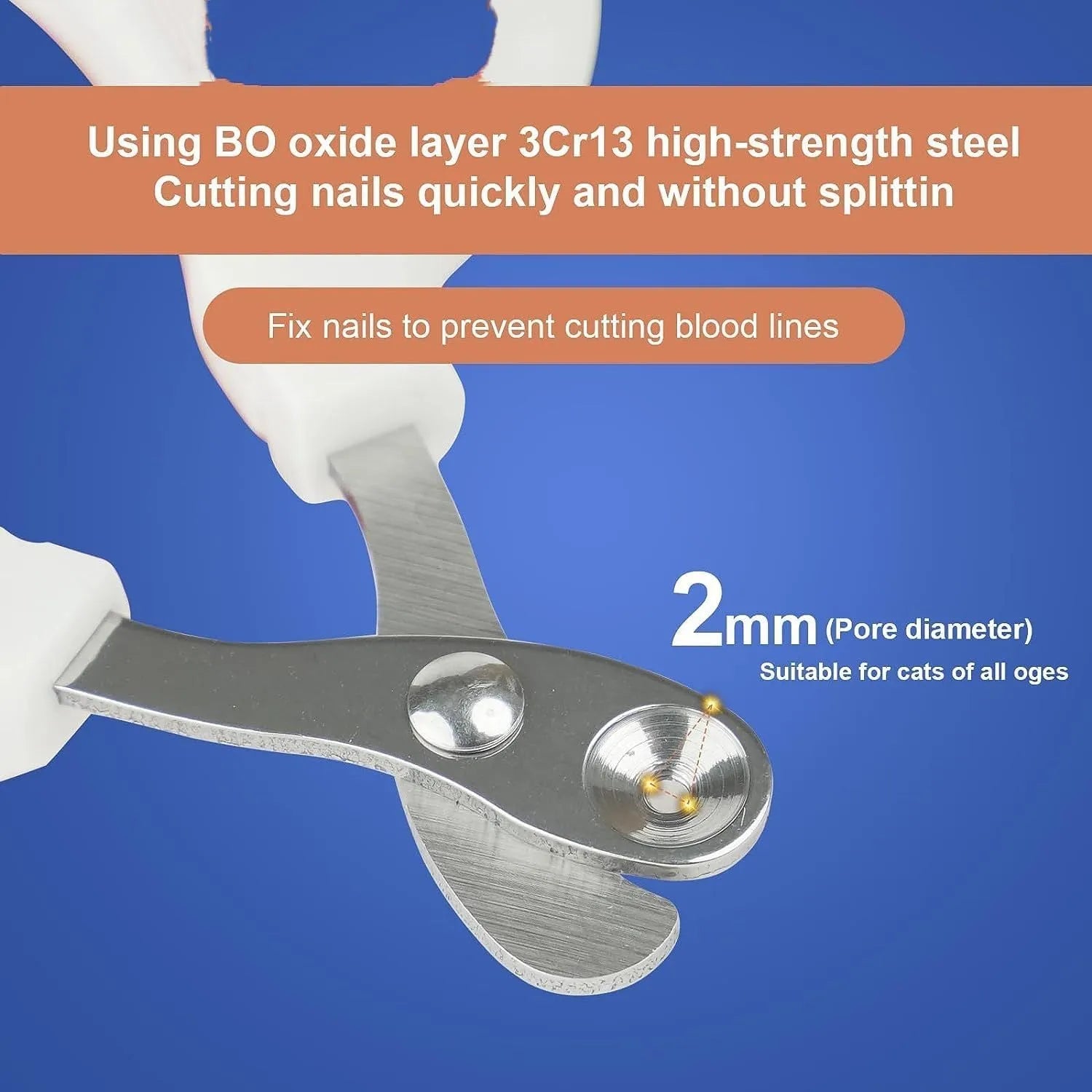 Blue cat nail clippers with a circular safety hole and cushioned non-slip grips on a white background.