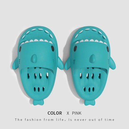 Stylish shark-themed shower slides with drainage holes and non-slip soles, made of lightweight and quick-drying EVA material