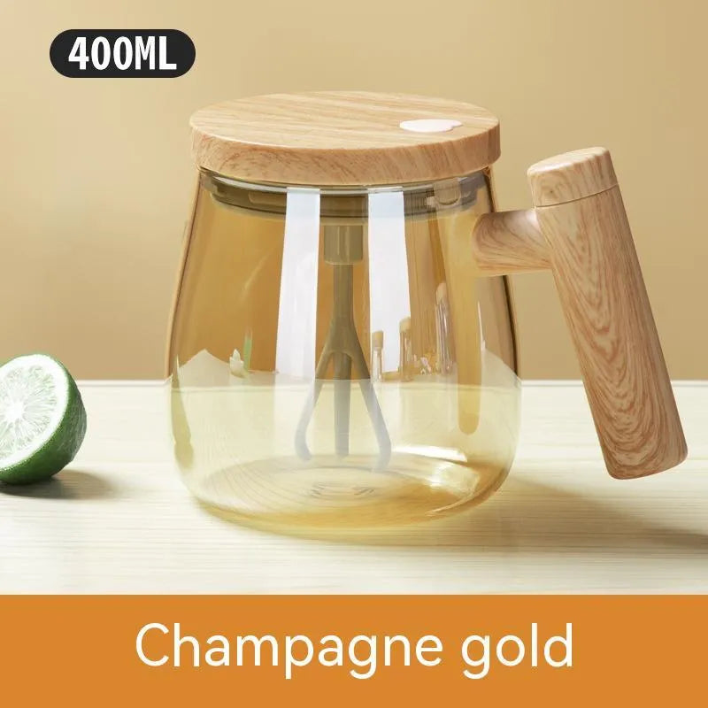 Clear borosilicate glass electric self-stirring coffee mug with 400ml capacity.