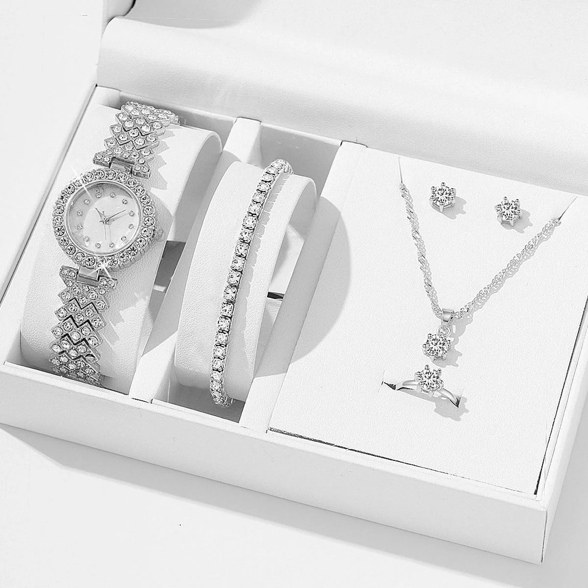 Diamond women's watch with rhinestone quartz bracelet in golden, silver, and rose gold suits