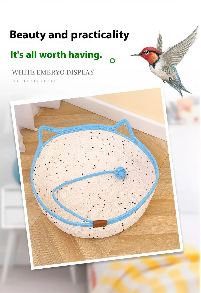 Cotton and hemp rope cat nest mat pet bed, shown in small, medium, and large size options.