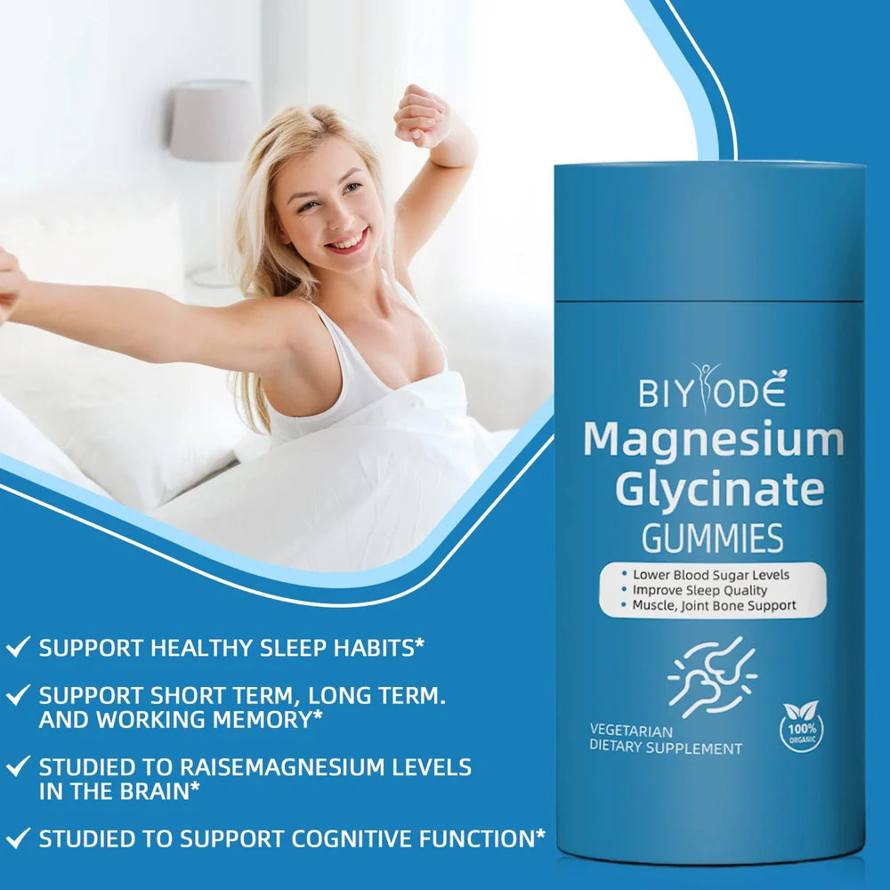 Bottle of 60 magnesium glycinate gummies for immune and muscle support with 2 daily dosage