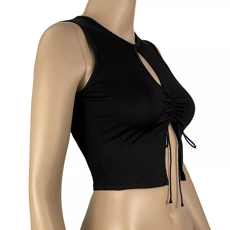 Black slimming knit top with split neckline and adjustable drawstring