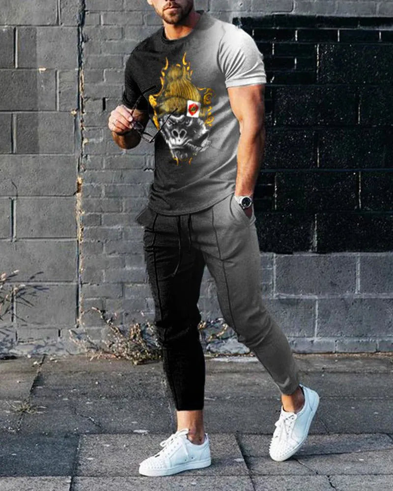 Men's printed short-sleeved pullover and trousers set in polyester blend fabric