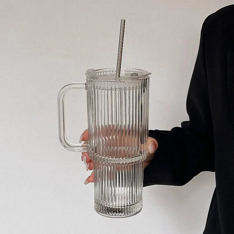 740ml round glass cup with handle, solid colour, available with lid and bent or straight straw