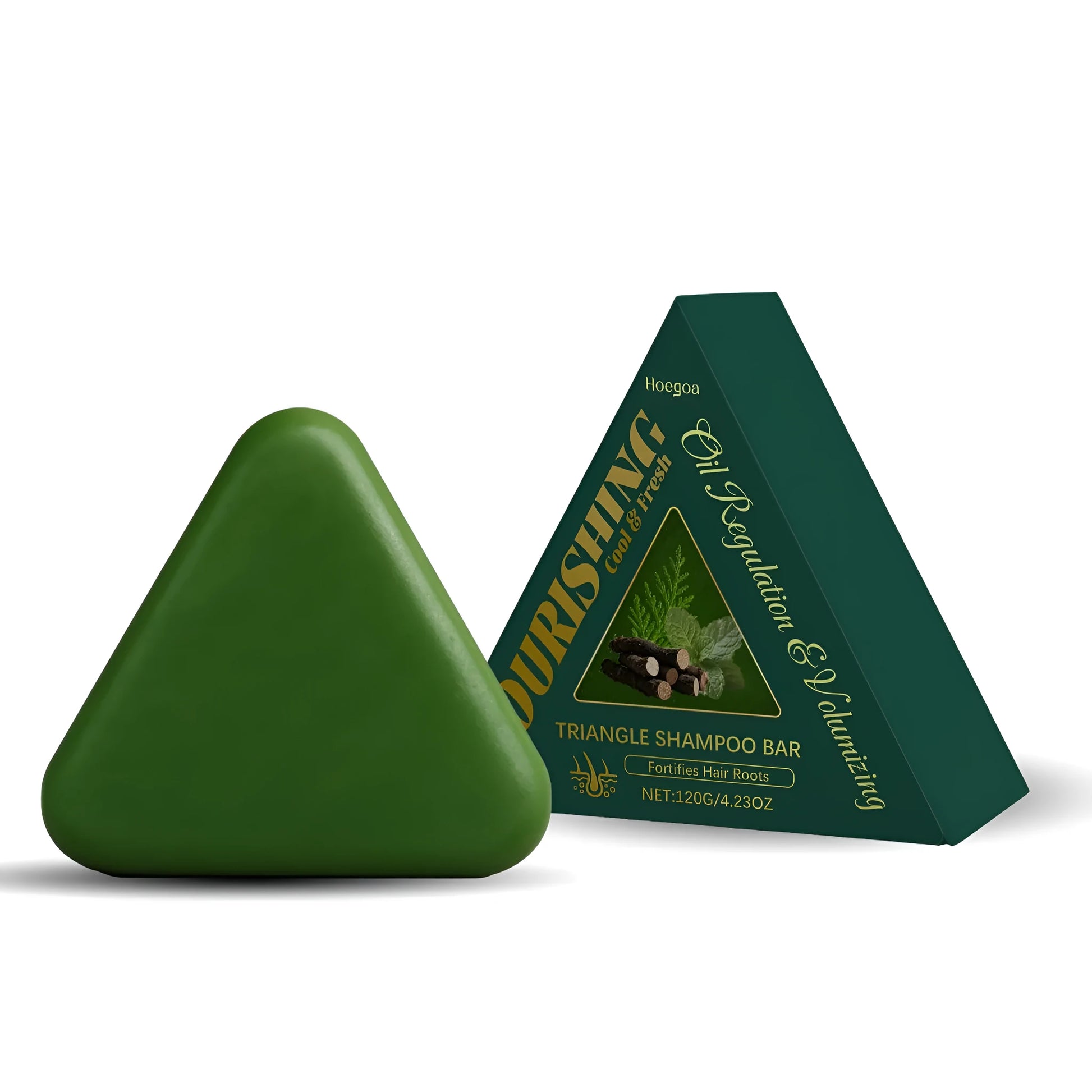 A triangle-shaped solid shampoo bar weighing 120g with herbal extracts.