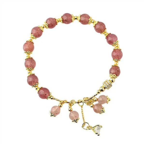 Pink heart-shaped strawberry quartz crystal bracelet with pearl accents for women