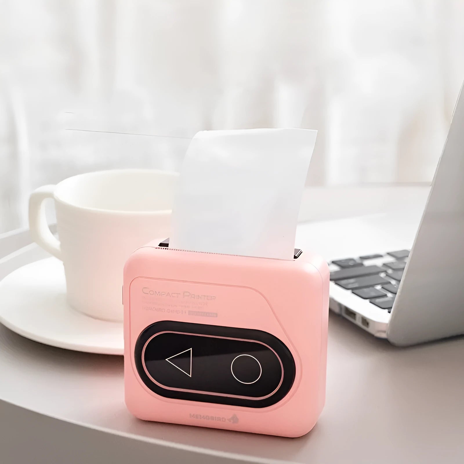 Avocado green Bluetooth mini thermal printer on a table next to a mobile phone.