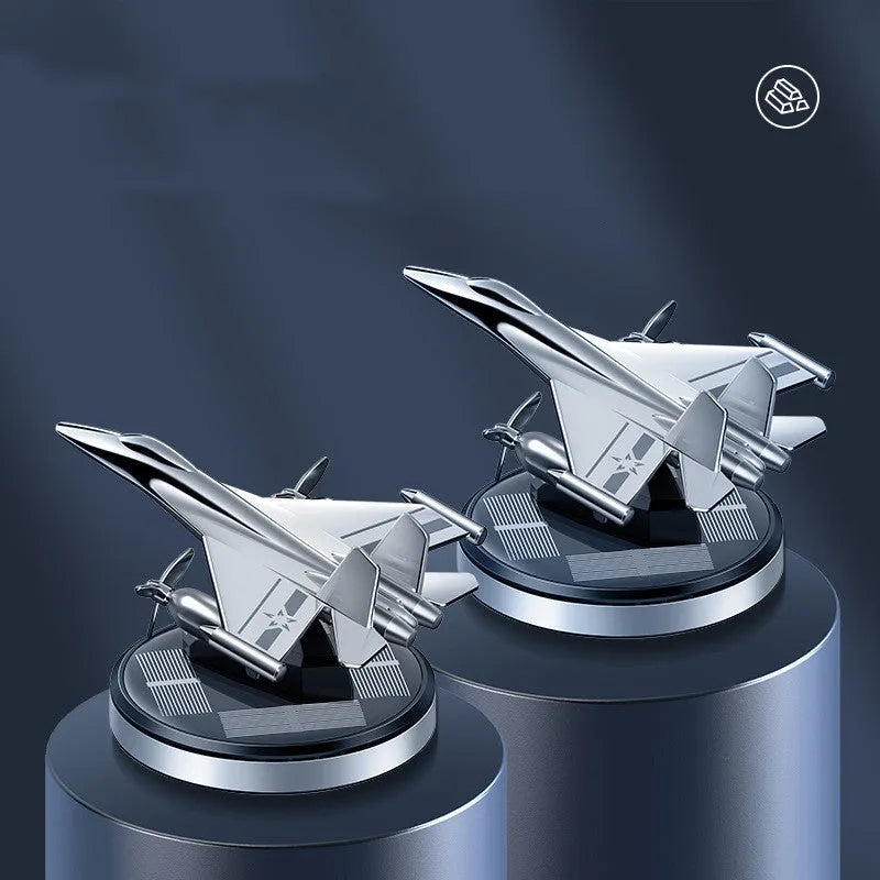 Solar-powered rotating perfume ornament with a fighter jet design, featuring a 350g aluminium alloy construction, 98mm length, and a five-year shelf life for continuous fragrance diffusion.