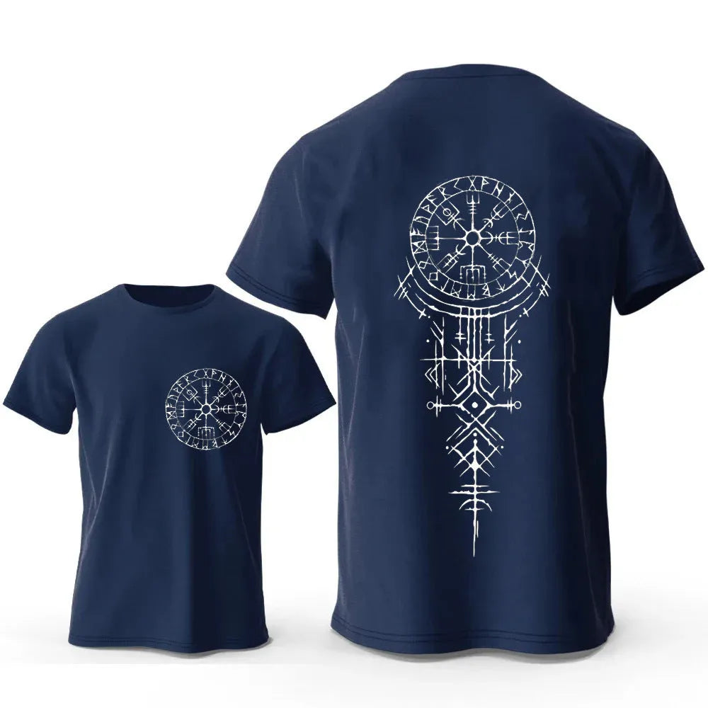 Men's grey cotton T-shirt with a detailed Viking rune compass graphic on the chest.