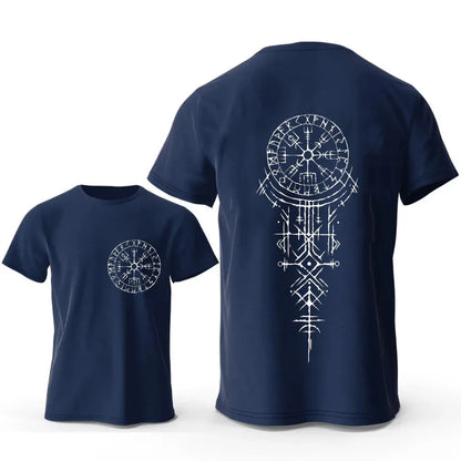 Men's grey cotton T-shirt with a detailed Viking rune compass graphic on the chest.