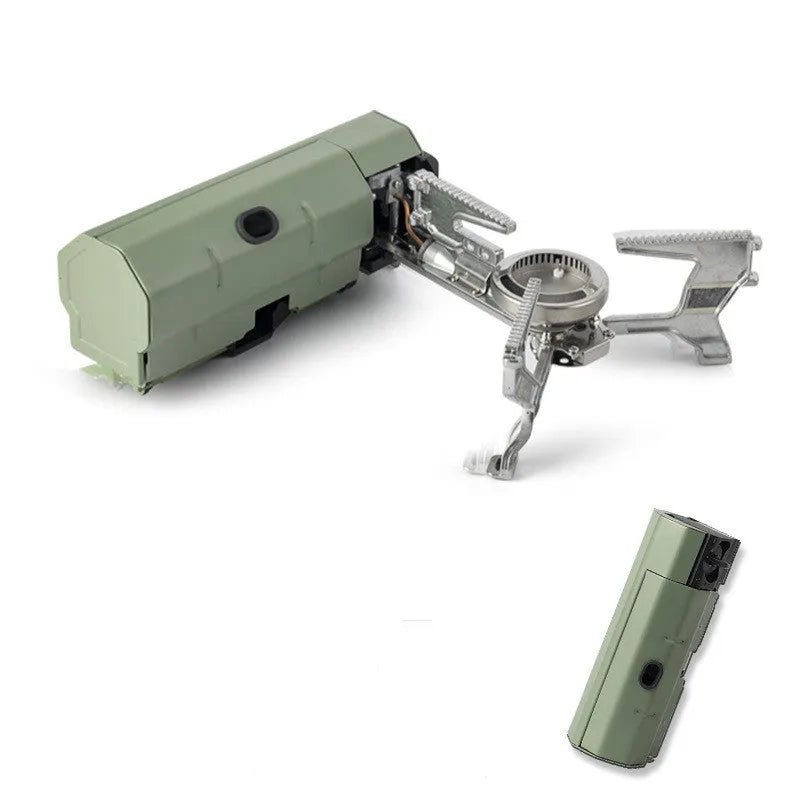 Green folding camping gas stove with serrated pot bracket, showing 25cm size next to butane canister