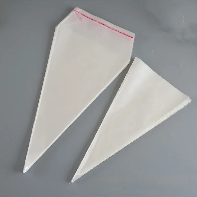Triangle clear plastic bag with integrated tie wire closure in 13x25cm, 16x30cm, or 18x37cm sizes