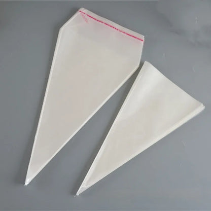 Triangle clear plastic bag with integrated tie wire closure in 13x25cm, 16x30cm, or 18x37cm sizes