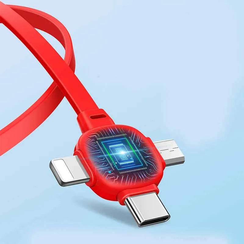 Stretchable three-in-one charging cable in green showing USB, Lightning, and Micro USB connectors retracted with buckle.