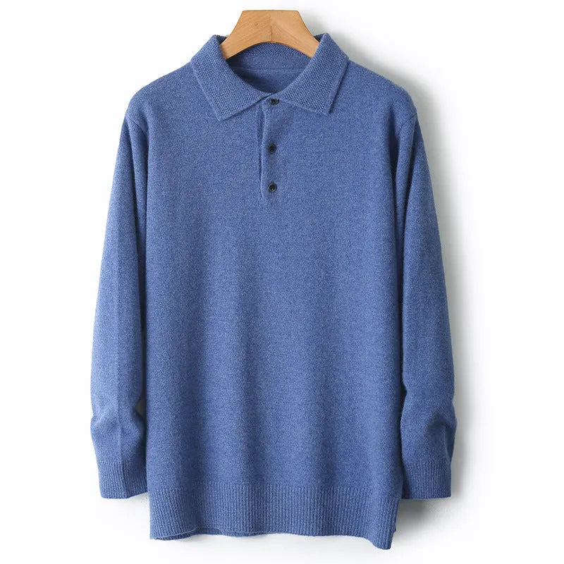 Men's woolen polo collar pullover sweater in seven colour options with long sleeves and textured stitching details