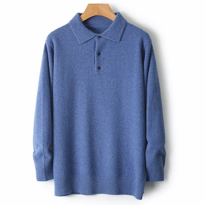 Men's woolen polo collar pullover sweater in seven colour options with long sleeves and textured stitching details