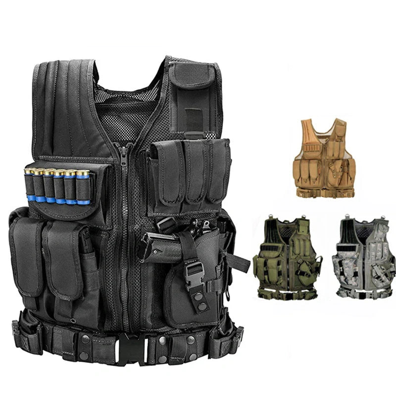 Durable tactical vest for military, airsoft, and outdoor activities with multiple pockets and adjustable straps