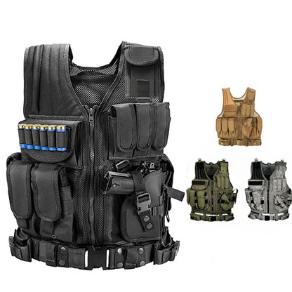 Durable tactical vest for military, airsoft, and outdoor activities with multiple pockets and adjustable straps