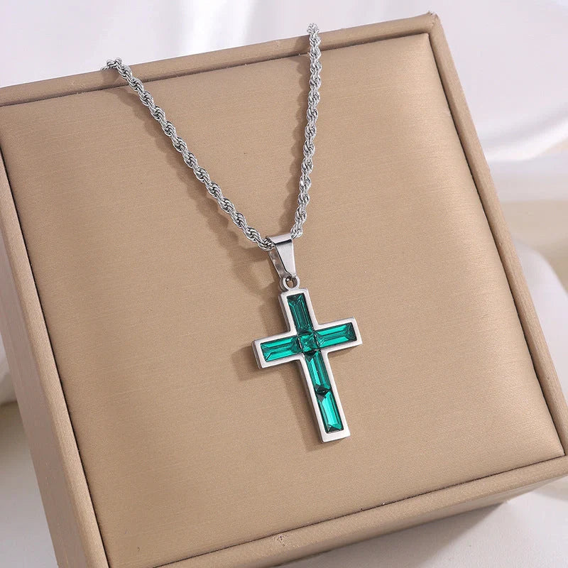 Elegant European and American-inspired diamond cross necklace with unique geometric design and vibrant, fade-resistant finish