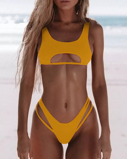 Women's solid colour bikini with hollow snake fabric for swimming