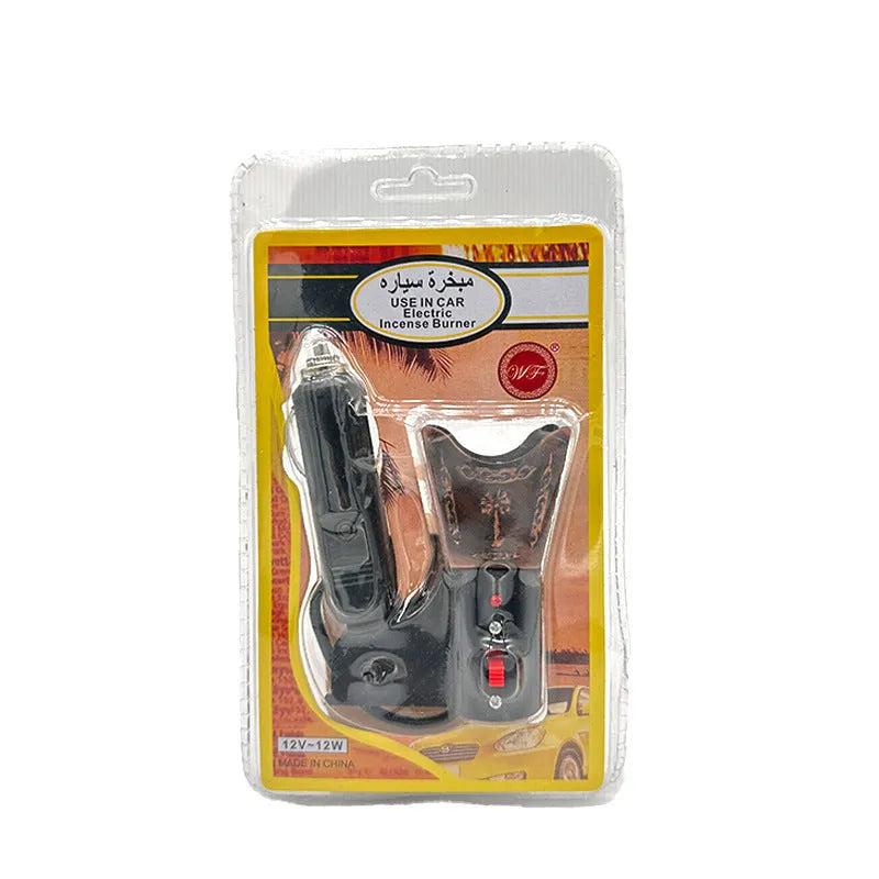 Car mounted plug-in incense burner in metallic finish with classical design for vehicle aromatherapy