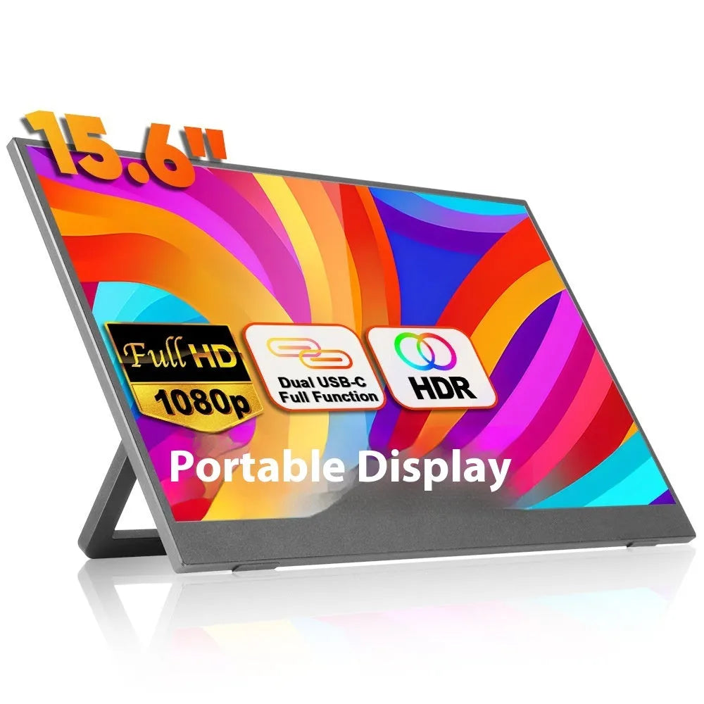 Black 15.6-inch portable USB-C monitor with adjustable stand on a desk, showing a desktop application.