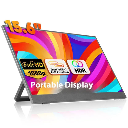 Black 15.6-inch portable USB-C monitor with adjustable stand on a desk, showing a desktop application.