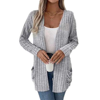 Men's solid grey loose-fitting long sleeve cardigan with side pockets
