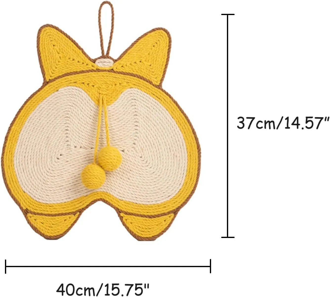 Yellow Corgi-butt design sisal cat scratching pad with anti-slip base, shown with adhesive hooks for wall mounting.