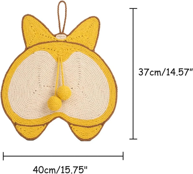 Cat scratching pad with a thick anti-slip EVA base and hanging hooks, featuring durable natural sisal and a 37x40cm Corgi butt design for wall or floor use.