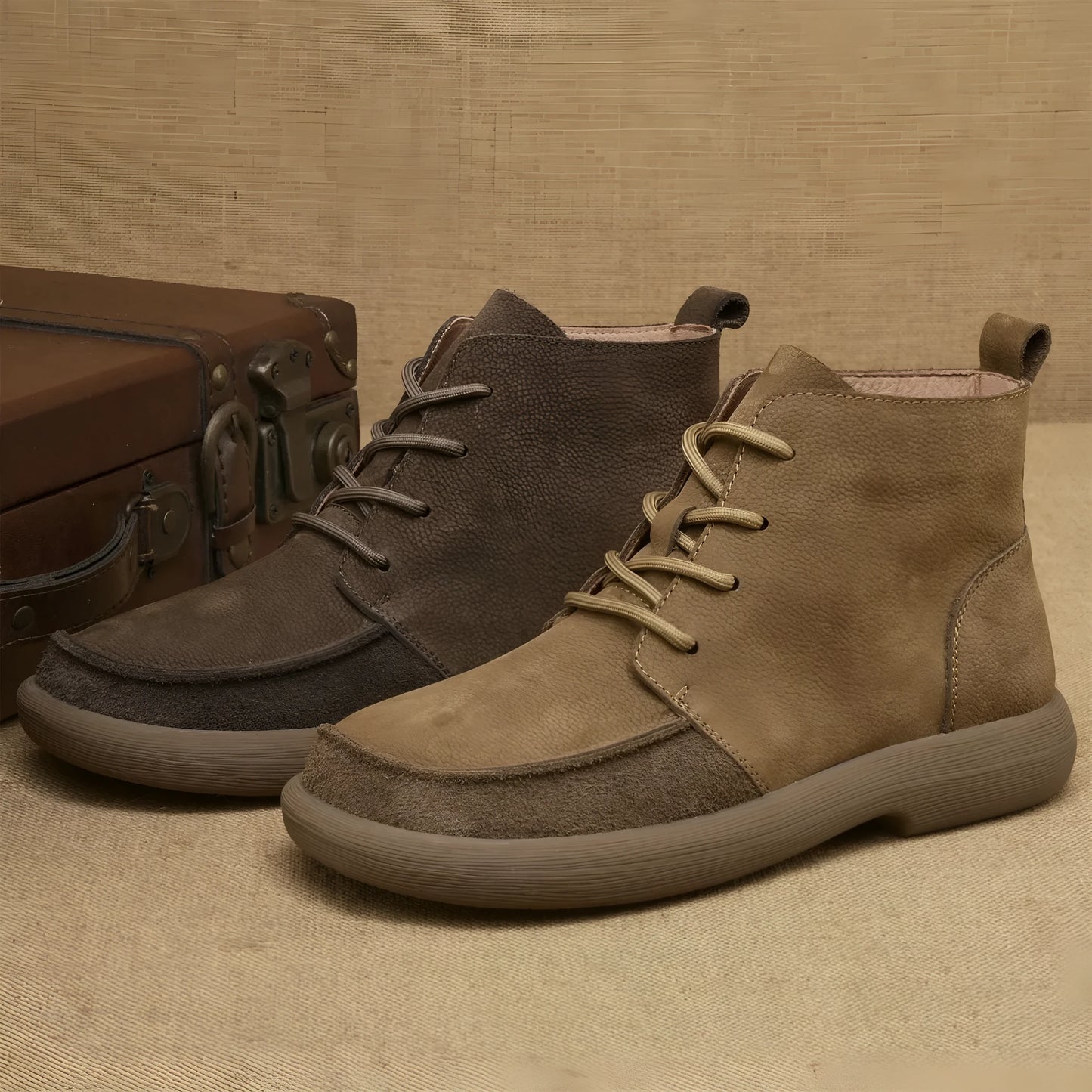 Grey and khaki genuine leather Martin boots with wedge heel and lace-up front