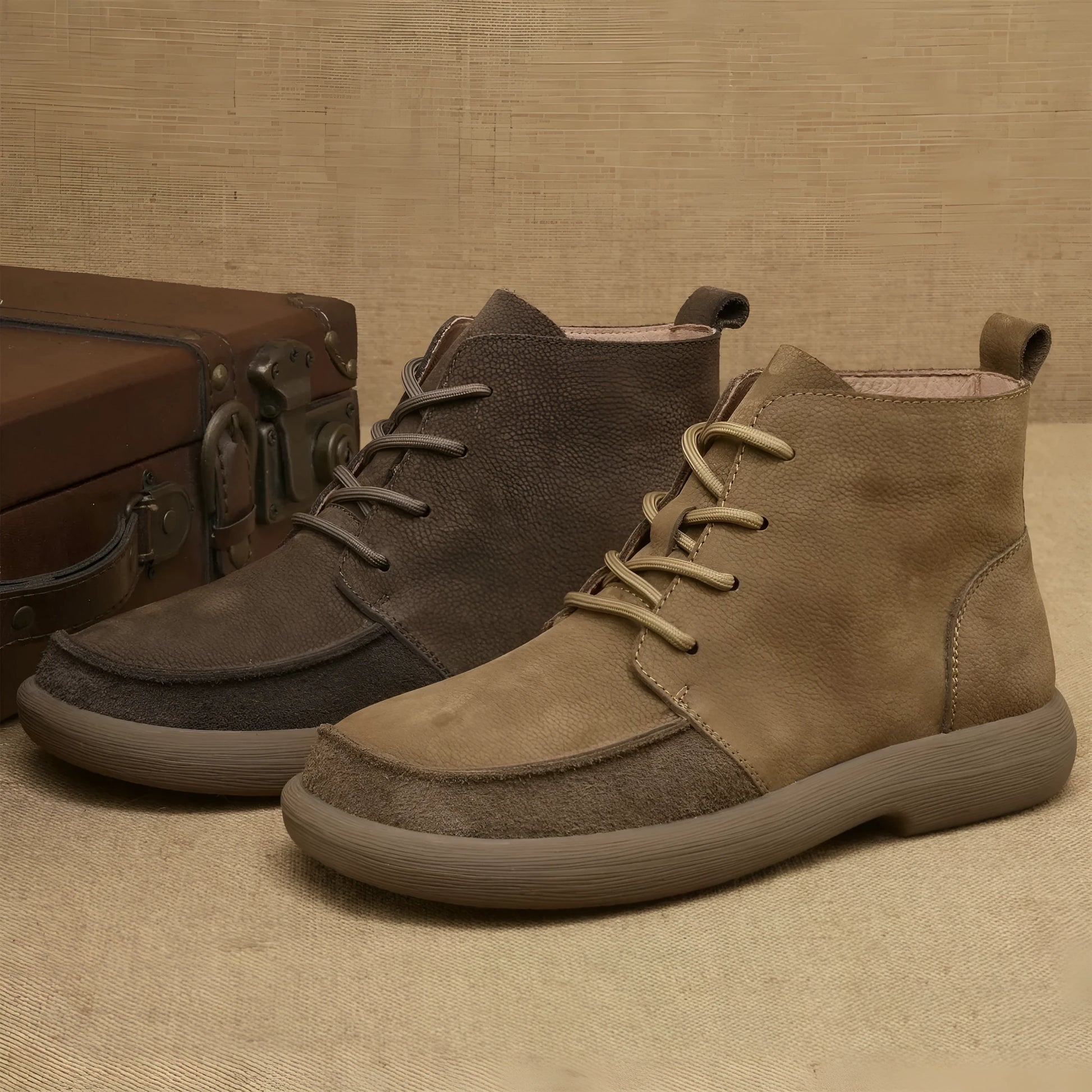 Grey and khaki genuine leather Martin boots with wedge heel and lace-up front